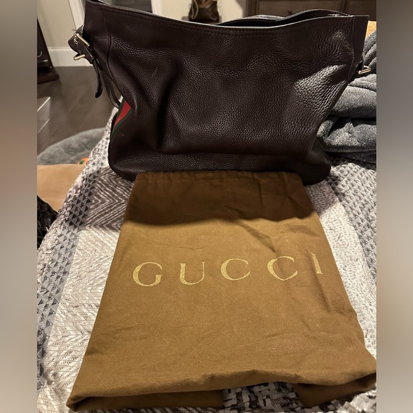 Authentic Gucci Dark Brown Leather Web Shoulder Bag - Picture 2 of 16